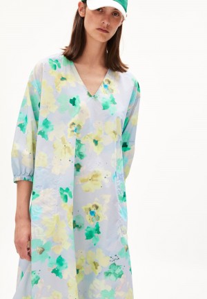 ARMEDANGELS AARVILIN AQUA FLORAL Woven Dress Oversized Fit made of Organic Cotton Morning Sky | QKOZM4869