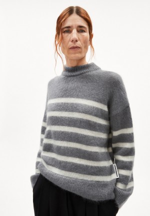 ARMEDANGELS GWYNEIRAA STRIPES Sweater Loose Fit made of Mohair Wool Mix Iron Cast-oatmilk | EBDTS1234