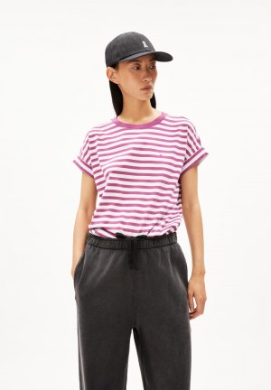 ARMEDANGELS IDAARA STRIPES T-Shirt Loose Fit made of Organic Cotton White-crushed Berry | FJNPZ7356