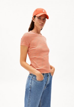 ARMEDANGELS KARDAA STRIPES Rib-T-Shirt Regular Fit made of Organic Cotton Mix Poppy Red-oatmilk | VNLAE1420