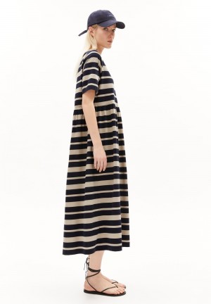 ARMEDANGELS TAAKYRA BLOCK STRIPES Jersey Dress Loose Fit made of Organic Cotton Night Sky-sand Stone | CZDIX4362