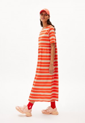 ARMEDANGELS TAAKYRA BLOCK STRIPES Jersey Dress Loose Fit made of Organic Cotton Poppy Red-sandstone | XPKVQ1087