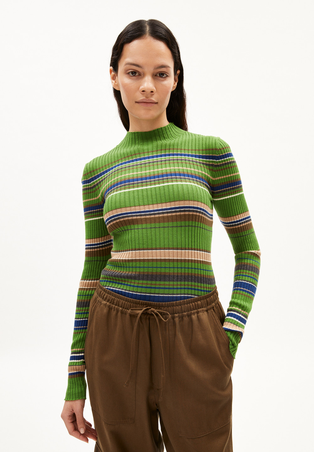 ARMEDANGELS ALAANIA NEW STRIPES Sweater Slim Fit made of Organic Cotton Ivy Green-cinnamon Dust | QGDXE4198