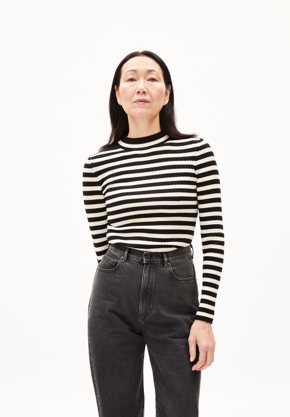 ARMEDANGELS ALAANIA STRIPED Sweater Slim Fit made of Organic Cotton Black-oatmilk | VXENF3571