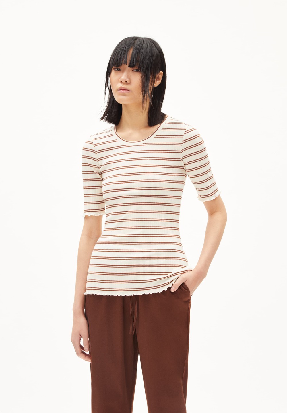 ARMEDANGELS FRAYAA DOUBLE STRIPES Rib T-Shirt made of Organic Cotton Mix Cacao-undyed | BFDNZ2059