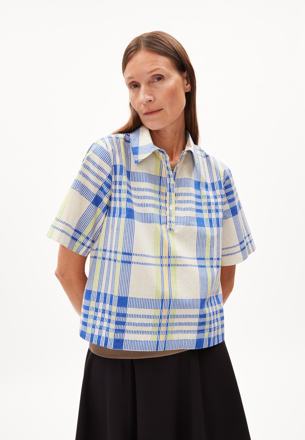 ARMEDANGELS NELINAA COLLEGE CHECK Blouse Relaxed Fit made of Organic Cotton Oatmilk | WFHJG5648