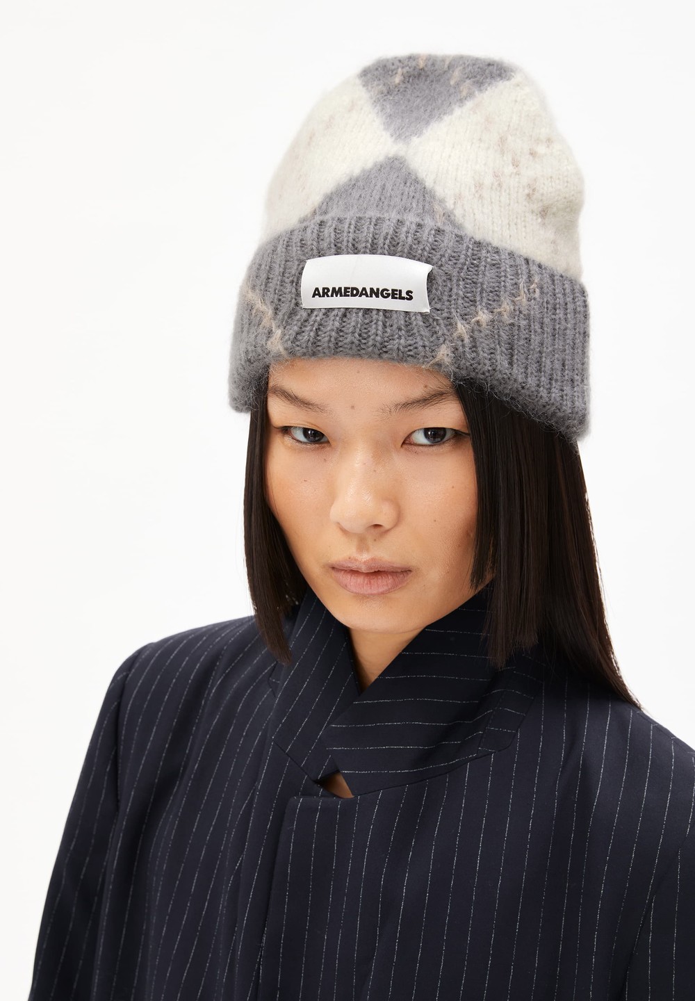 ARMEDANGELS SNOWAA ARGYLE Beanie made of Mohair Wool Mix Iron Cast-oatmilk | KQGAH2309