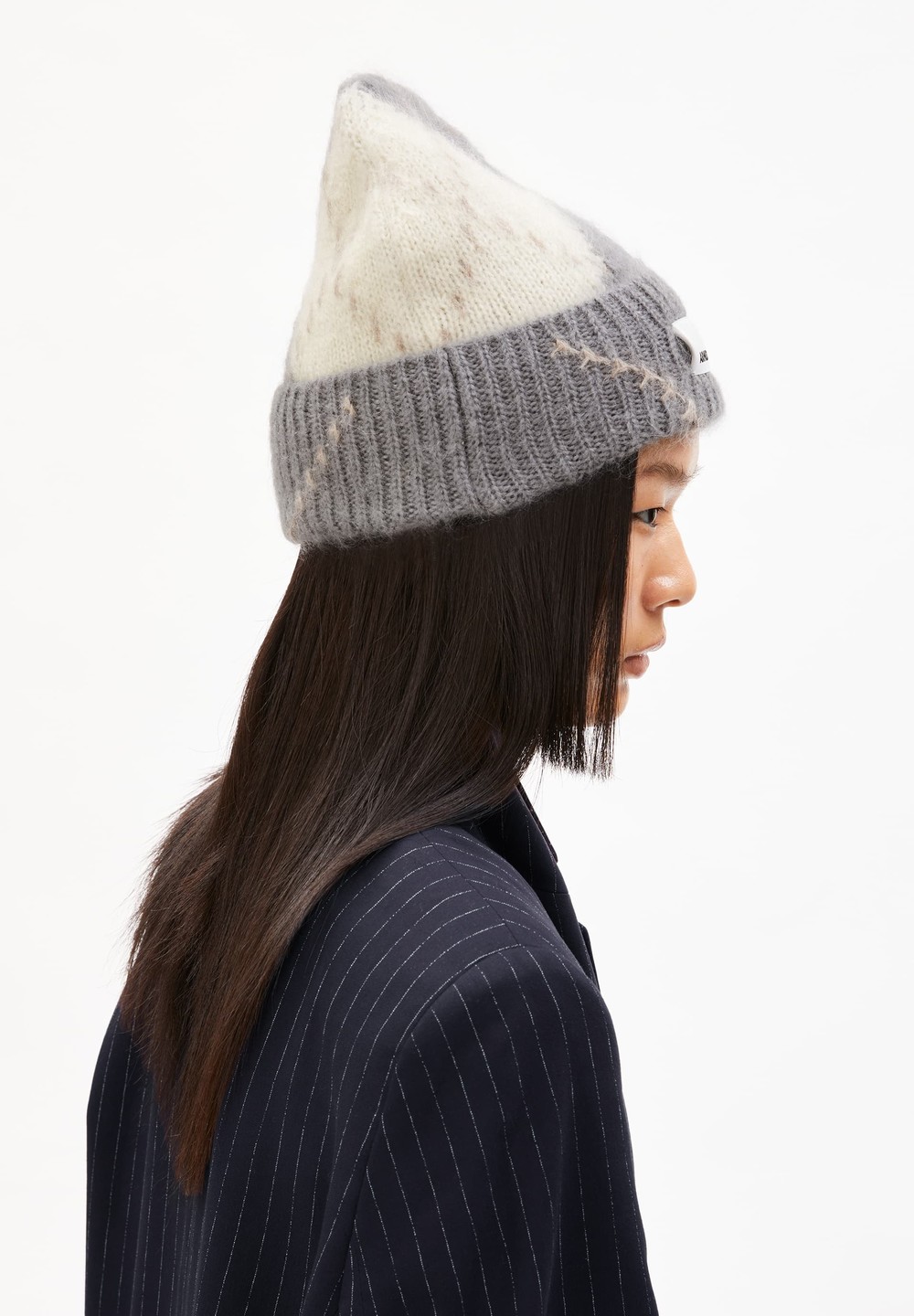 ARMEDANGELS SNOWAA ARGYLE Beanie made of Mohair Wool Mix Iron Cast-oatmilk | KQGAH2309