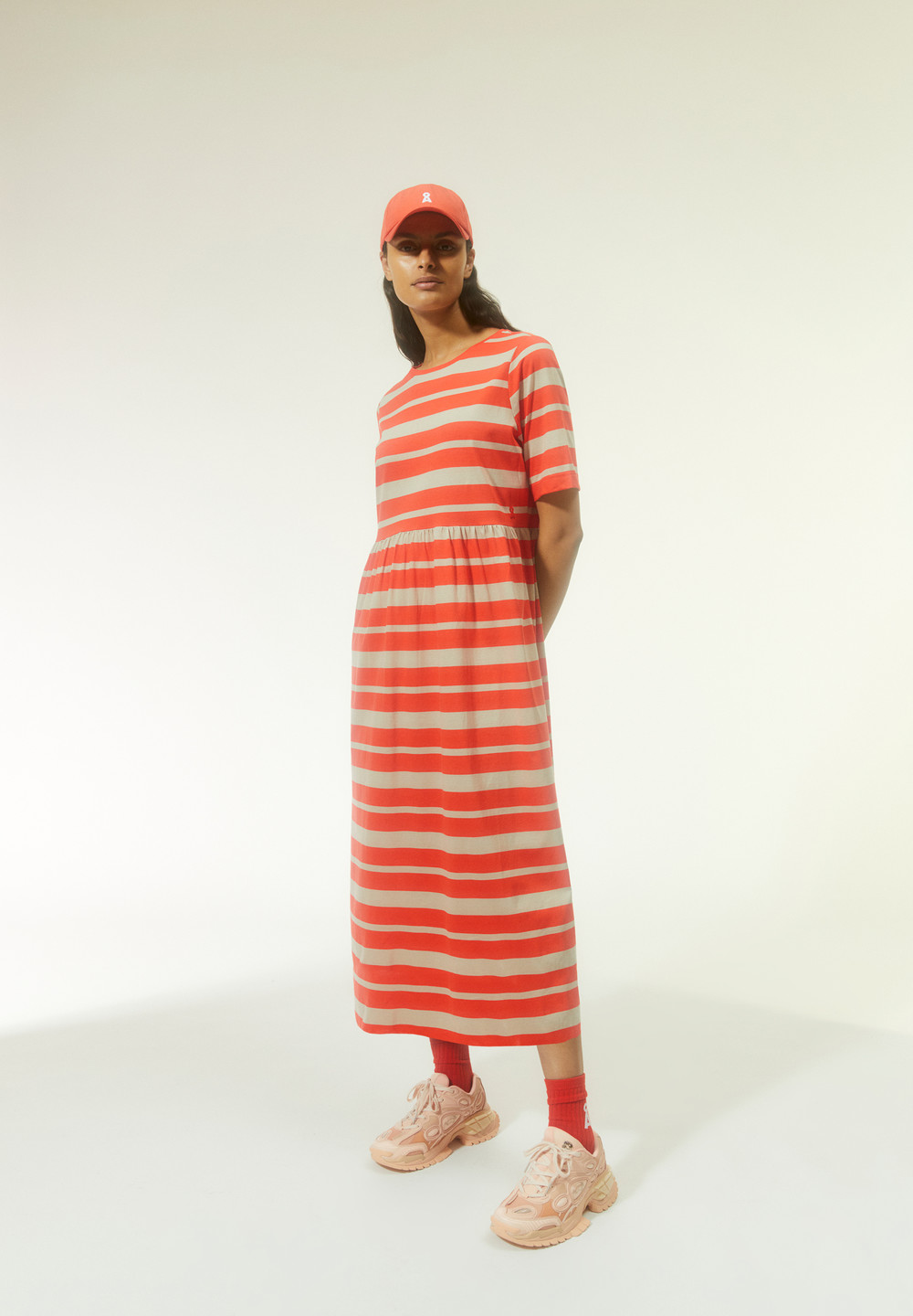 ARMEDANGELS TAAKYRA BLOCK STRIPES Jersey Dress Loose Fit made of Organic Cotton Poppy Red-sandstone | XPKVQ1087