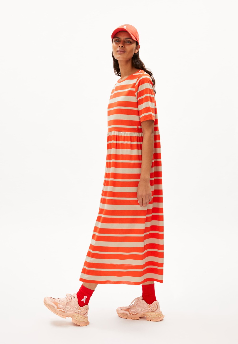 ARMEDANGELS TAAKYRA BLOCK STRIPES Jersey Dress Loose Fit made of Organic Cotton Poppy Red-sandstone | XPKVQ1087